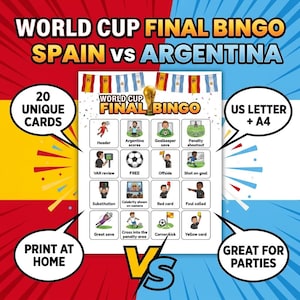 ワールドカップ決勝ビンゴ印刷可能、スペイン対アルゼンチン観戦パーティーゲーム、子供と大人向けの家族と友達のためのビンゴカード20枚、即時ダウンロード
