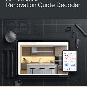 以下が含まれることがあります： AI-Powered Renovation Quote Decoderのインターフェース、キッチンの内装、データチャートを表示するデジタルディスプレイ。画面にはAI-Powered Renovation Quote DecoderとRENOVATE SMARTのテキストが表示されています。背景は暗いグリッドパターンです。