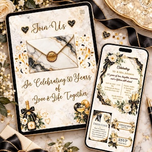 Op de afbeelding: Een digitale tablet en smartphone tonen een uitnodiging voor een 50-jarig jubileum met marmertexturen, gouden accenten en zwarte linten. De schermen bevatten tekst zoals Join Us en Celebrating 50 Years of Love & Life Together.
