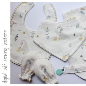 Zestaw wykrojów do szycia dla niemowląt: śliniaczek, pieluchomajtki, gryzak, rękawiczki (wykrój w formacie PDF, zakres rozmiarów 0–24 miesięcy)