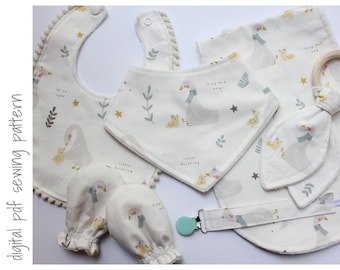 Baby Bundle - Digital Sewing Pattern - bib, burp cloth, teether, pacifier clip, no scratch mittens - Sizes 0-3mo to 18-24mo