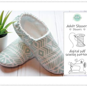 May include: A pair of adult slippers with a geometric pattern in light blue and white. The slippers are made of soft fabric and have a white interior. The image also includes a small potted plant and text that reads "Adult Slippers" and "digital pdf sewing pattern."
