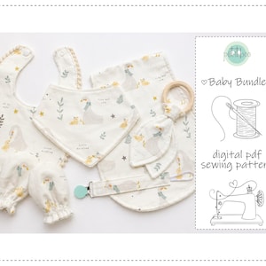 Baby Sewing Pattern Bundle: Bib, Burp Cloth, Teether, Mittens (PDF Pattern, 0-24mo Size Range )