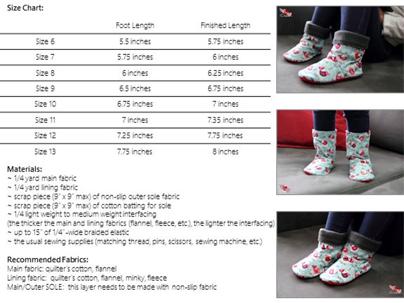 May include: Image shows a size chart for slipper boots, with foot lengths from 5.5 to 7.75 inches. The image also shows slipper boots with a light blue fabric with a bird pattern, a gray cuff, and a red sole.