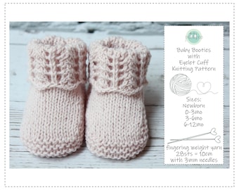 May include: A pair of light pink knitted baby booties with an eyelet cuff design. The booties are displayed on a light wooden surface. The image includes text that reads "Baby Booties with Eyelet Cuff Knitting Pattern" and size options.