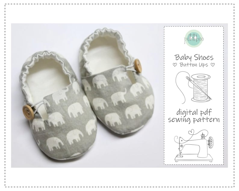 May include: A pair of baby shoes featuring a grey elephant pattern. The shoes have a button fastening and a white lining. The image also includes a digital PDF sewing pattern with the text "Baby Shoes Button Ups".