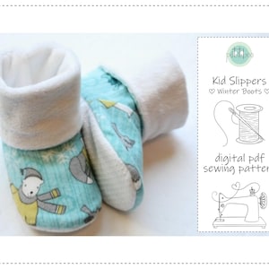 May include: A pair of baby booties with a white fleece cuff and a light blue patterned fabric featuring polar bears and snowflakes. The image also includes text that reads "Kid Slippers Winter Boots" and "digital pdf sewing pattern".