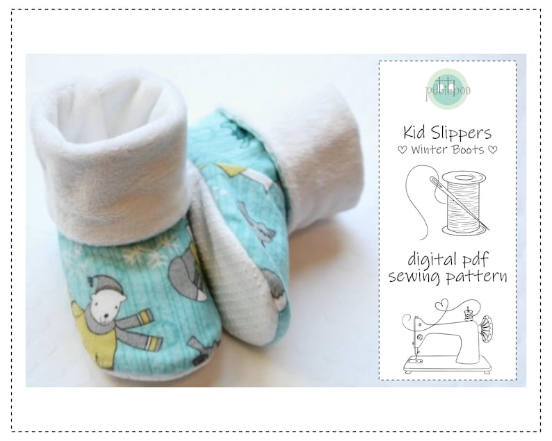 May include: A pair of baby booties with a white fleece cuff and a light blue patterned fabric featuring polar bears and snowflakes. The image also includes text that reads "Kid Slippers Winter Boots" and "digital pdf sewing pattern".