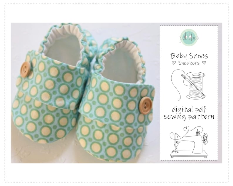 May include: A pair of baby shoes with a light blue and cream polka dot pattern. The shoes have a ruffled edge and a wooden button closure. The image also includes text that says "Baby Shoes Sneakers" and "digital pdf sewing pattern."