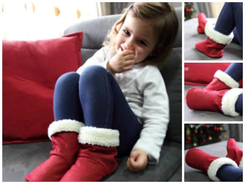 May include: Red glittery boots with white faux fur trim. The boots are worn by a person wearing blue leggings. A red pillow is in the background. The boots appear to be for children.