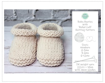May include: A pair of cream-colored knitted baby booties with rolled cuffs. The image includes a white card with the text "Baby Booties with Rolled Cuff Knitting Pattern" and size details for newborns to 6-12 months. The pattern uses DK weight yarn and 4mm needles.
