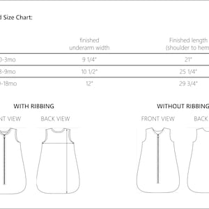 May include: A black and white size chart for baby sleep sacks. The chart includes measurements for finished underarm width and finished length in inches. Illustrations show front and back views of sleep sacks with and without ribbing.