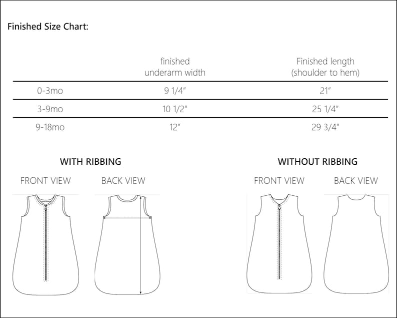 May include: A black and white size chart for baby sleep sacks. The chart includes measurements for finished underarm width and finished length in inches. Illustrations show front and back views of sleep sacks with and without ribbing.