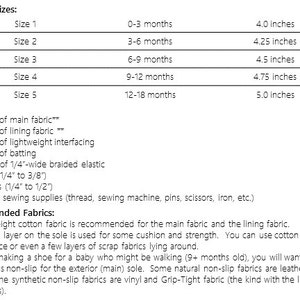 May include: A detailed list of materials and sizes for a baby shoe project. The sizes range from 4.0 inches to 5.0 inches, corresponding to ages 0-3 months to 12-18 months. Includes fabric, elastic, snaps, and buttons.