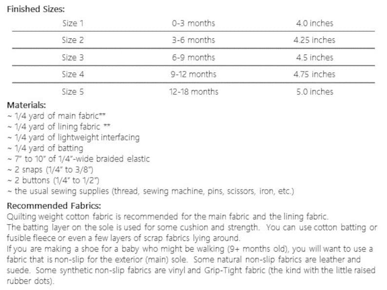 May include: A detailed list of materials and sizes for a baby shoe project. The sizes range from 4.0 inches to 5.0 inches, corresponding to ages 0-3 months to 12-18 months. Includes fabric, elastic, snaps, and buttons.