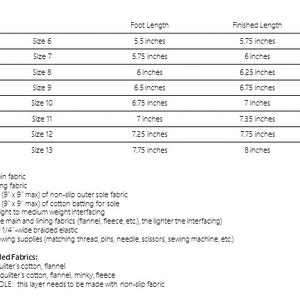 May include: A detailed size chart for shoe making, listing foot and finished lengths in inches for sizes 6 through 13. Includes a materials list with fabric requirements and recommended fabrics like quilter's cotton and flannel.