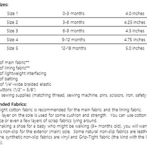 May include: A detailed list of materials and sizes for a baby shoe project. The chart shows finished sizes from 4.0 to 5.0 inches, corresponding to ages 0-3 to 12-18 months. Includes fabric and supply recommendations.