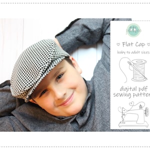Puede incluir: Gorra plana de pata de gallo en blanco y negro. La imagen también incluye un patrón de costura PDF digital para gorras planas, con el texto "Flat Cap" y "baby to adult sizes."