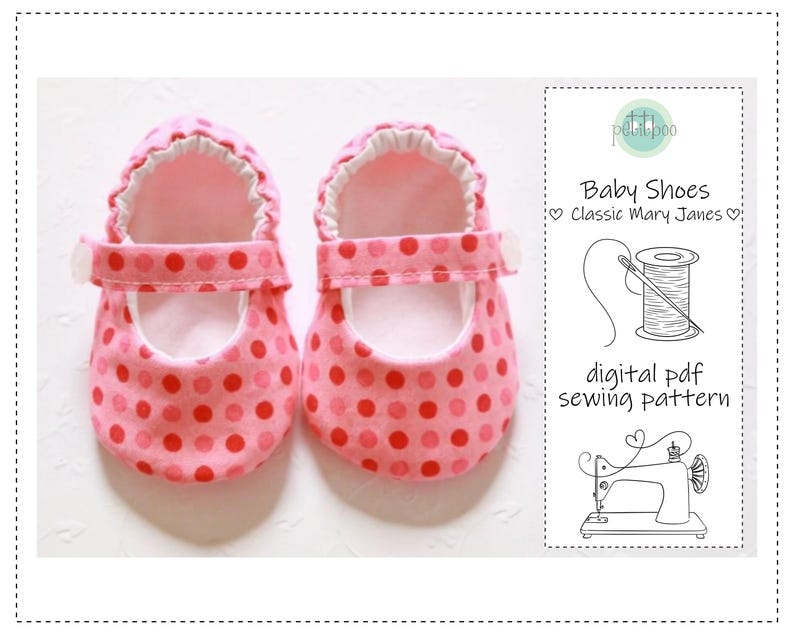 May include: A pair of pink baby shoes with a polka dot pattern. The shoes have a Mary Jane style with a strap and a white interior. The image also includes text that says "Baby Shoes Classic Mary Janes" and "digital pdf sewing pattern".