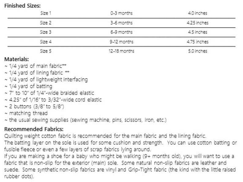 May include: A white document with black text detailing baby shoe sizes, materials, and fabric recommendations. Sizes range from 10.16 cm to 12.7 cm, corresponding to ages 0-18 months. Materials include fabric, elastic, buttons, and thread.