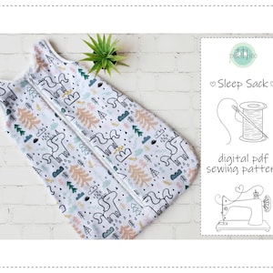 May include: Two white sleep sacks with a zipper closure, featuring a whimsical pattern of unicorns, trees, and clouds in pastel colors. The image also includes a small plant and a digital PDF sewing pattern with text that reads "Sleep Sack".