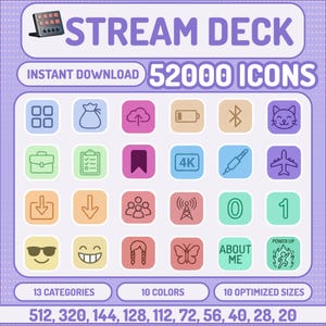 Könnte beinhalten: Ein digitales Grafikset mit dem Titel STREAM DECK, das 52000 Symbole in 13 Kategorien und 10 Farben enthält. Die Anzeige zeigt ein Raster aus verschiedenen Strichzeichnungen, darunter eine Katze, ein Flugzeug, eine Batterie und Text wie ABOUT ME und POWER UP.