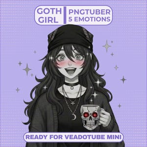 Puede incluir: Una ilustración digital de un personaje con cabello largo negro, un pañuelo y una gargantilla negra, usando collares superpuestos. El personaje sostiene una taza blanca con forma de calavera y ojos rojos. Texto: GOTH GIRL 5 EMOTIONS READY FOR VEADOTUBE MINI.