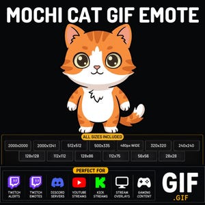 May include: A digital graphic of an orange and white tabby cat with large eyes, labelled MOCHI CAT GIF EMOTE. The image displays a grid of various pixel dimensions including 2000x2000 and 28x28, along with icons for Twitch, Discord, YouTube, and Kick.