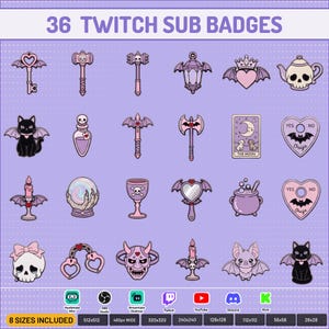 Puede incluir: Una colección de 36 insignias de suscripción para Twitch con iconos góticos en tonos pastel violeta y rosa, incluyendo calaveras, murciélagos, gatos, pociones, cartas de tarot y tableros ouija. El texto 36 TWITCH SUB BADGES aparece arriba.