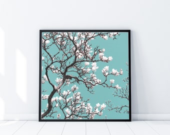 White Magnolia Blossom on Teal Background INSTANT DOWNLOAD