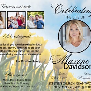 Elegant Funeral Program Template: 8 page Yellow Lily Celebration of Life, Canva Editable  Digital Download