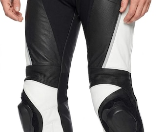 Motorradhose aus schwarzem und weißem Leder für Herren - Track Day Reitausrüstung mit Knieschiebern