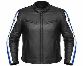 BMW Leder Motorradjacke, schwarz mit blau weißen Streifen gepanzerte Reitausrüstung