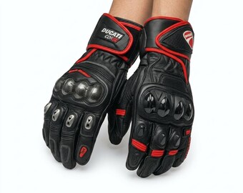 Ducati Corse Leather Motorrad Racing Handschuhe, Schwarz Rot Gepanzerte Stulpen