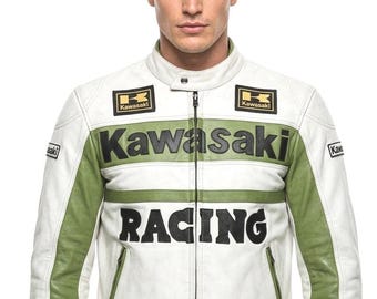 Kawasaki Racing Leder Motorradjacke, Vintage White Green Biker Reitschutzausrüstung