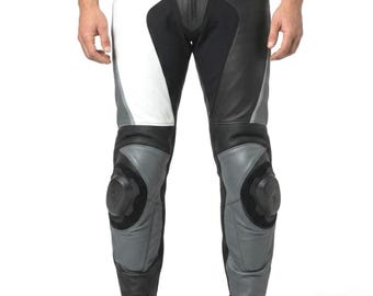 Leder Motorradhose, schwarz weiß graue gepanzerte Motorrad Motorradhose