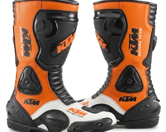 KTM Racing Team Leder Motorradstiefel, Orange Schwarz Weiß Gepanzerte Schutzausrüstung