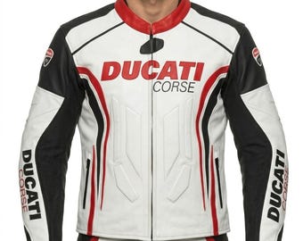 Ducati Motorbike Leather Racing Jacket, White Corse Sport Riding Coat, Red Black Armor Jacket