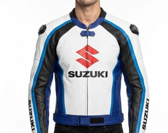 Suzuki Blue White Leather Motorcycle Jacket, Racing Motorbike Riding Protective Armor Biker Gear