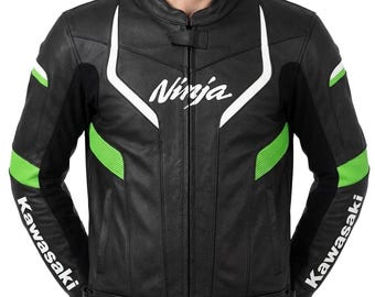 Kawasaki Ninja Leder Motorradjacke, Schwarz Grün Weiß Gepanzerter Motorrad Mantel