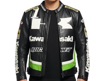 Kawasaki Racing Leder Motorradjacke, Joe Rocket Schwarz Grün Biker Reitschutzausrüstung