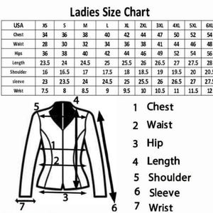 May include: A black and white size chart for clothing labeled Ladies Size Chart. It includes a table with measurements in inches for chest, waist, hips, length, shoulder, sleeve, and wrist across sizes XS to 6XL. A line drawing of a jacket shows numbered measurement points 1 through 7 corresponding to the chart labels.