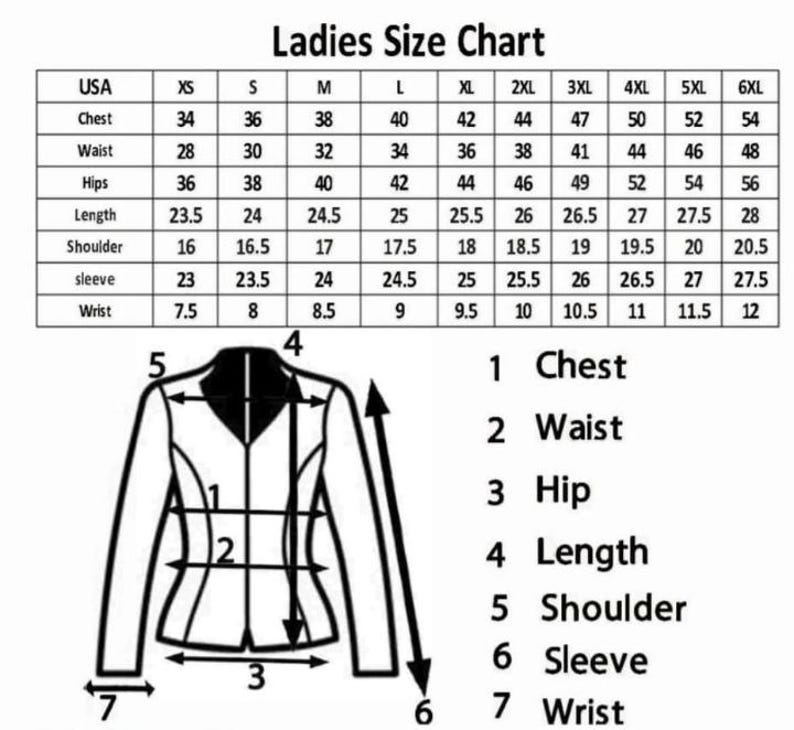 May include: A black and white size chart for clothing labeled Ladies Size Chart. It includes a table with measurements in inches for chest, waist, hips, length, shoulder, sleeve, and wrist across sizes XS to 6XL. A line drawing of a jacket shows numbered measurement points 1 through 7 corresponding to the chart labels.