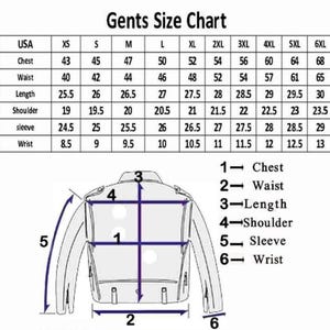 May include: A Gents Size Chart table with columns for sizes XS through 6XL and rows for chest, waist, length, shoulder, sleeve, and wrist measurements in inches. Below the table is a line drawing of a jacket with numbered arrows indicating measurement points.