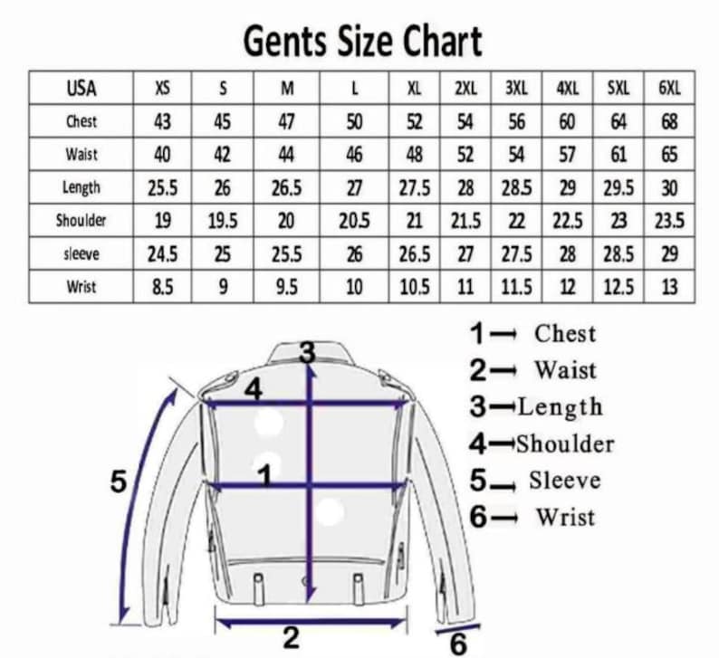May include: A Gents Size Chart table with columns for sizes XS through 6XL and rows for chest, waist, length, shoulder, sleeve, and wrist measurements in inches. Below the table is a line drawing of a jacket with numbered arrows indicating measurement points.