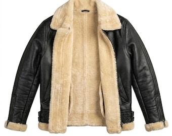 Klassische Schwarze Leder Bomberjacke, Warmer Fliegermantel mit Creme Shearling Kragen und Trimmen