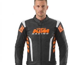 KTM Racing Leder Motorradjacke, Schwarz Orange Weiß Gepanzerte Reitschutzausrüstung