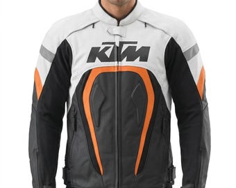 KTM Racing Leather Motorcycle Jacket | Black, White, Orange Biker Gear with Armor Padding