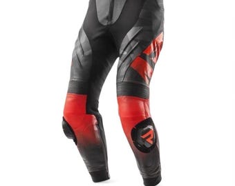 Rot und Schwarz Leder Motorradhose, Racing Reithose mit Knie-Slider-Schutz
