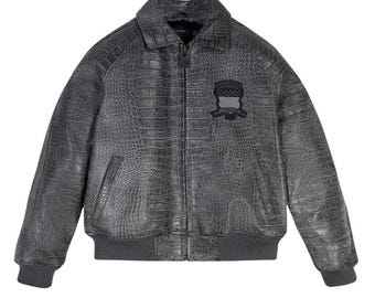 Avirex Graue Bomberjacke aus Leder mit Krokoprägung, strukturierter Casual Oberbekleidung Logo-Patch